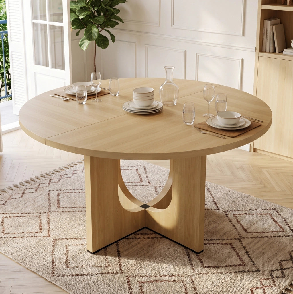 Tavolo da pranzo rotondo 120 cm per 4-6 persone; design scandinavo in MDF; rovere