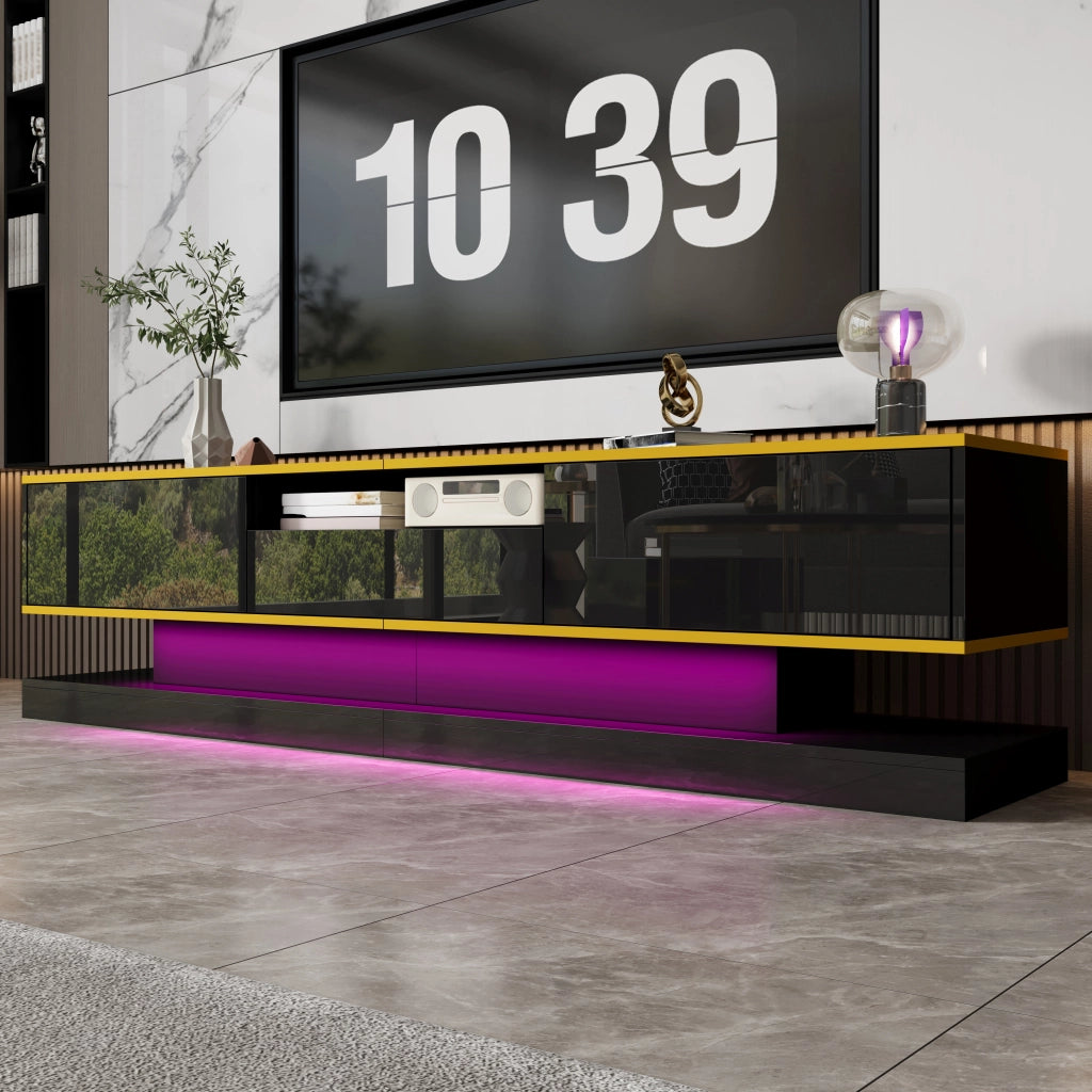 Mobile TV moderno con 3 cassetti; vano aperto e LED 180x38x45 cm nero e oro
