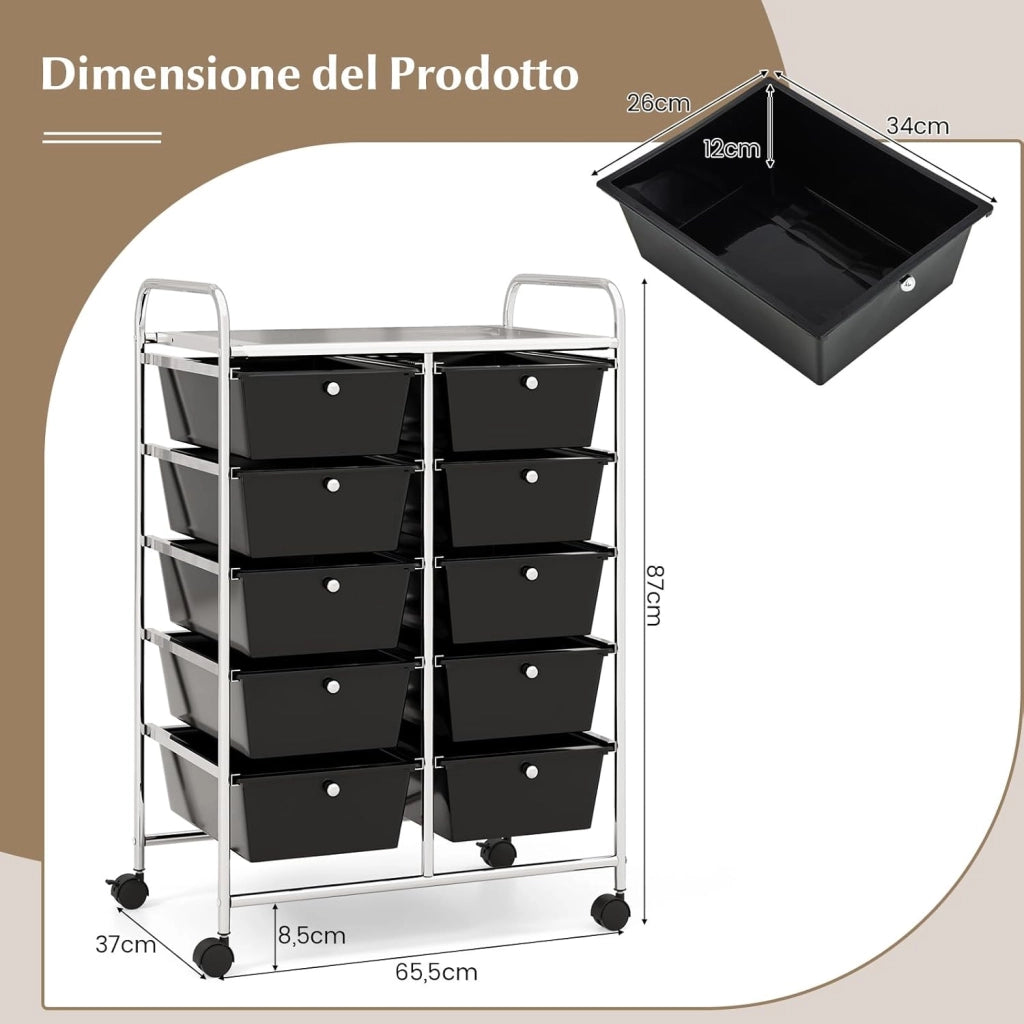 Carrello a 10 Cassetti con Ruote, di Stoccaggio con Stabilità Elevata, Multiuso per Casa Ufficio e Scuola, 65,5 x 37 x 87 cm (Nero)