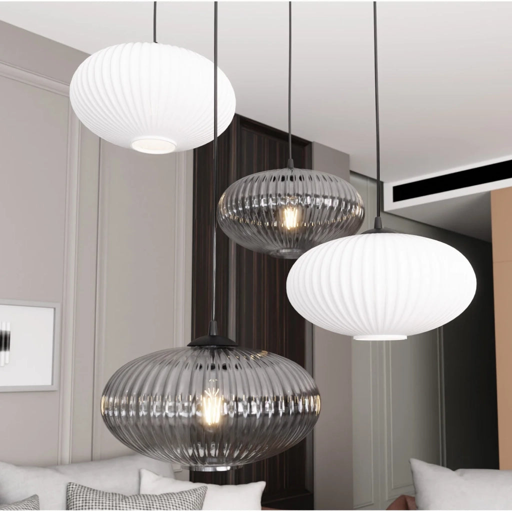 Lampadario 4 Luci Iris Base Tonda In Acciaio Nero Paralume Plissè Multicolor