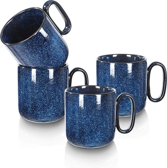 Set di 4 tazze da caffè in ceramica con manico - per caffè, latte, tè - blu e adatto a uomini e donne