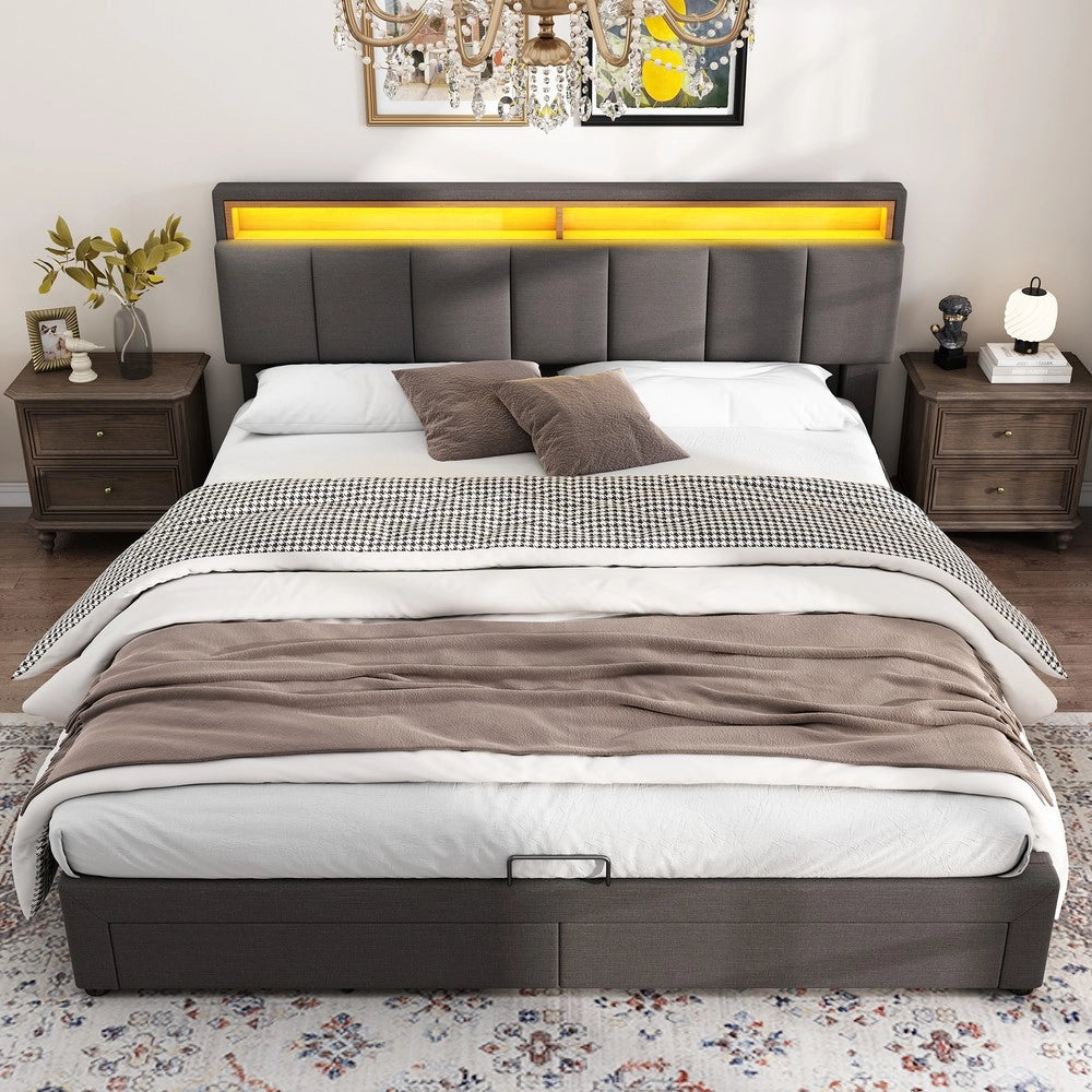 Letto Imbottito Contenitore con LED ¨C MINIMAL ¨C Matrimoniale, Tessuto Grigio, 160x200
