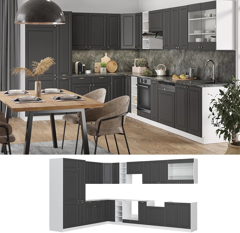 Cucina angolare completa Fame-Line, Bordeaux lucido/antracite, 347 x 60 cm, PT Antracite, per una progettazione flessibile della cucina e un'espansione modulare
