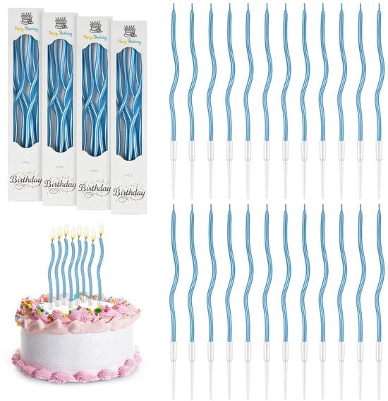 24 pezzi di candele a spirale per torte di compleanno, con supporti per la decorazione, in oro massello, blu chiaro