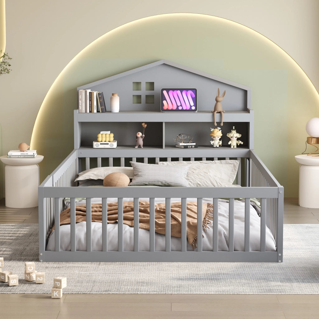 Letto per bambini grigio in legno massello con funzione casa 140x200 cm