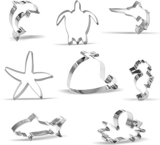 Set di 8 stampi per biscotti con animali marini – squalo, octopode, balena, squalo mako, delfino, stella marina, zeppa, tartaruga – acciaio inossidabile