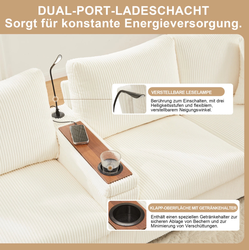 Divano a U in velluto a coste con 2 pouf; lampada; USB/Type-C e LED; beige