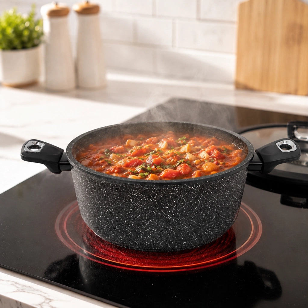 Casseruola Antiaderente Ø 24 cm con Coperchio - Pietra Lavica Induction - Alluminio Forgiato Effetto Pietra - Vetro e Silicone - Induzione - GMD Italy