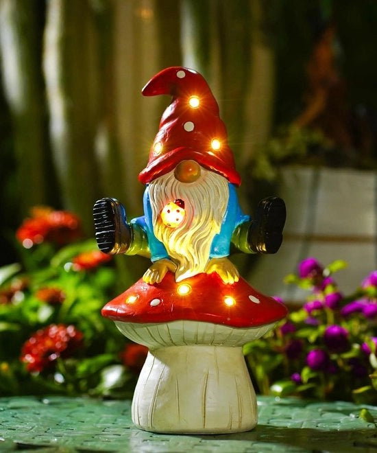Statua di gnomone con mani su un fungo - Decorazione solare per terrazza, prato e veranda