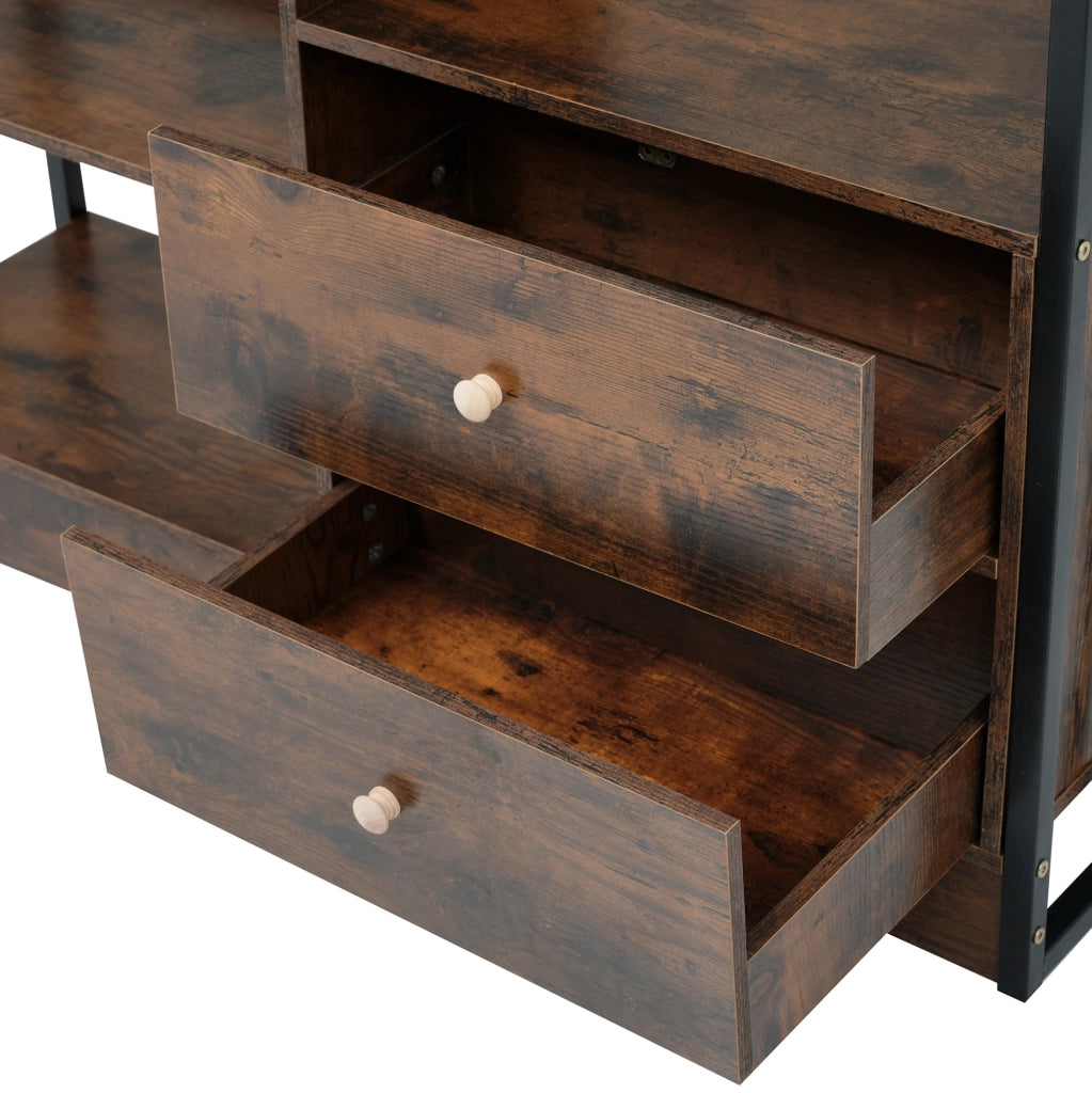 Libreria industriale 100x30x173;5 cm con ante e cassetti; effetto legno marrone nero