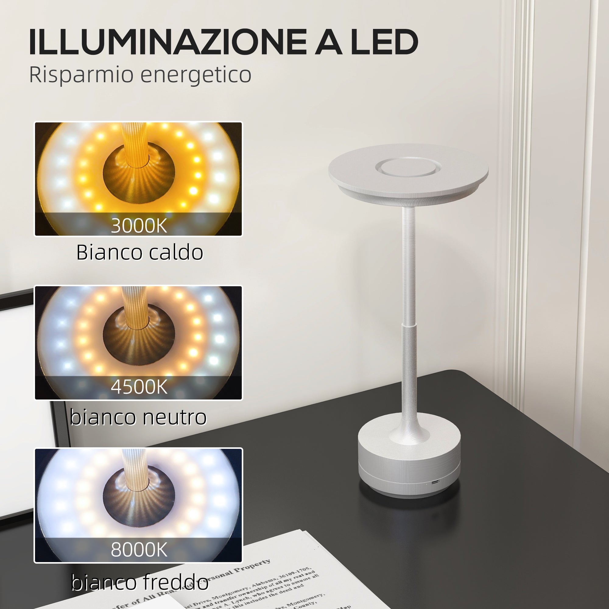 Lampada da Tavolo a LED Senza Filo Touch Ø13x28,5 cm Batteria Ricaricabile Argento