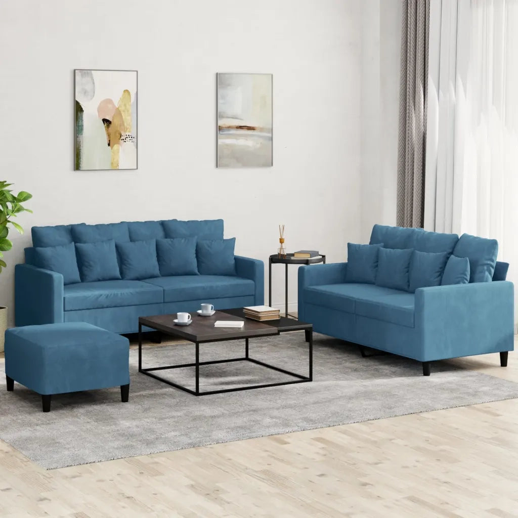 Set di Divani 3 pz con Cuscini Blu in Velluto