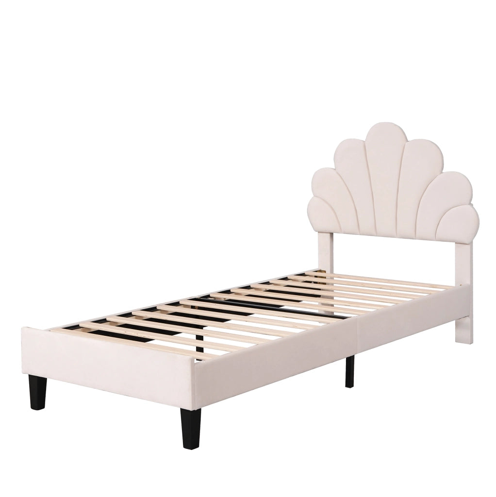 Letto imbottito 90x200 cm in velluto beige con testiera floreale e rete a doghe