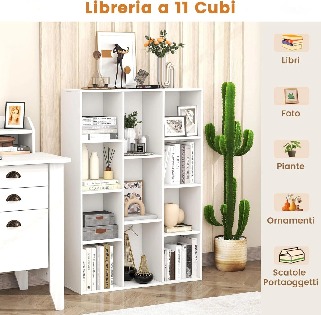 Libreria a 11 Cubi, Scaffale Moderno Geometrico con Kit Anti-Ribaltamento, Organizzatore di Libri Multifunzionale per Soggiorno Camera da Letto Studio, 74 x 24 x 106 cm