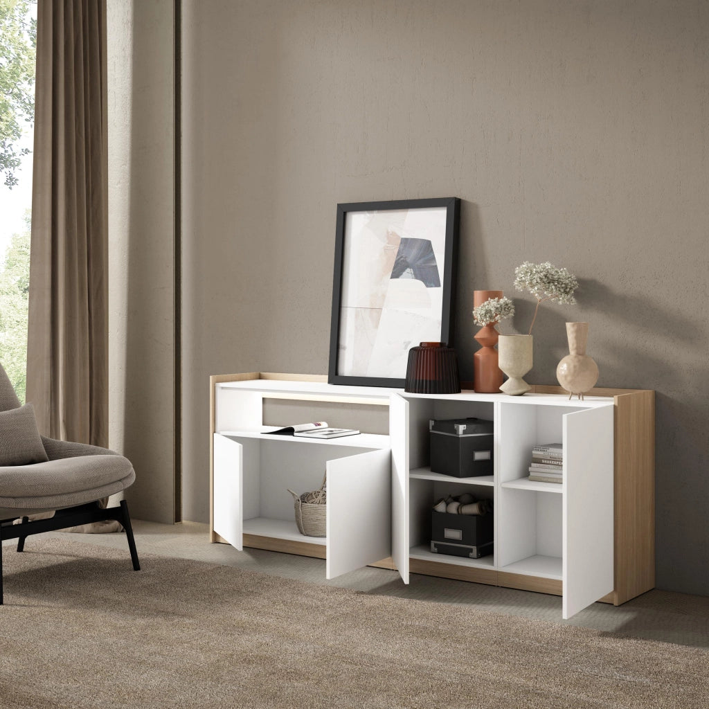 Credenza, Mobile, Cucina, 207x80x37 cm, 4 Porte, LED, Bianco e Rovere soft