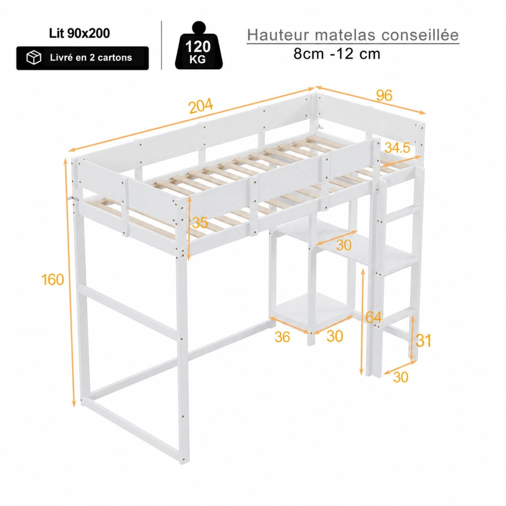 DESMIU Letto a Soppalco Singolo con Scaffale e Sponde, 90 × 200 cm, Senza Materasso, in Legno, Bianco