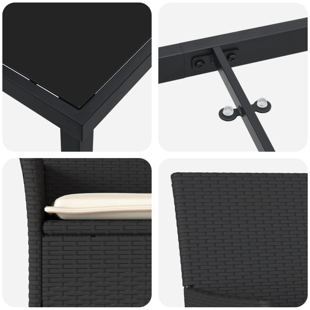Set da Pranzo da Giardino 7 Pezzi con Cuscini Rattan Poliestere Nero
