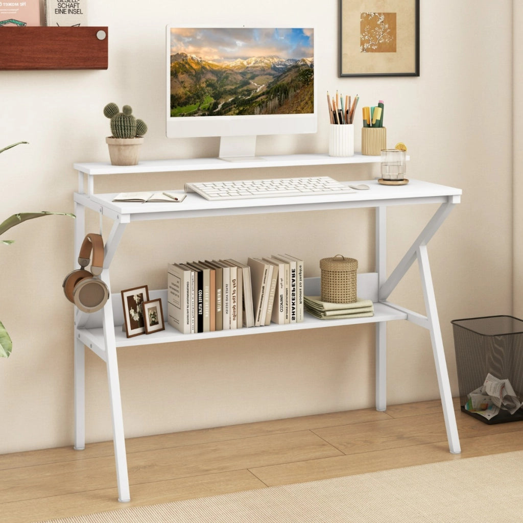 Scrivania salvaspazio per computer con supporto per monitor, Scrivania versatile con struttura metallica a forma di R Bianco-Scrivanie
