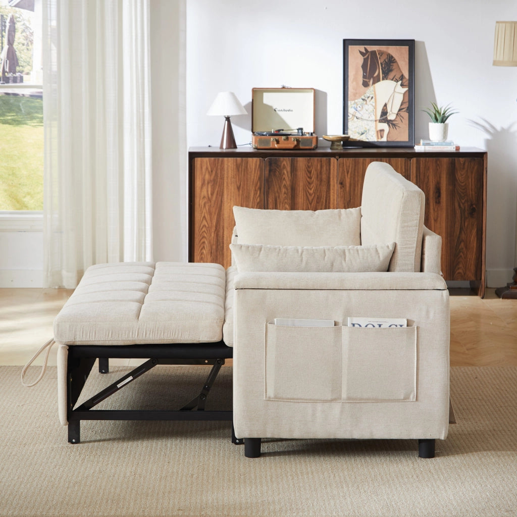 Divano a due posti, divano letto, tessuto chenille, braccioli con vano portaoggetti, struttura in metallo, color beige