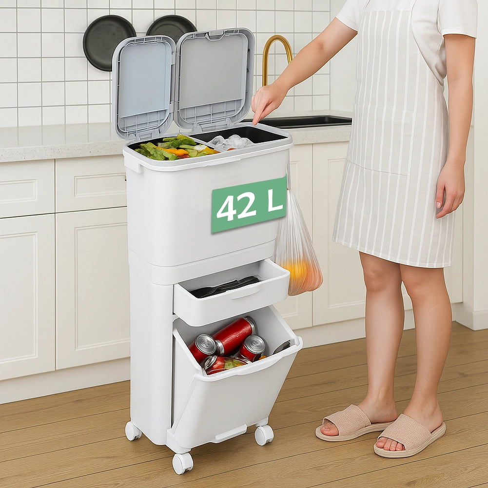 Pattumiera da Cucina Doppio Bidone 42L Secchio con Cassetto Separazione Rifiuti