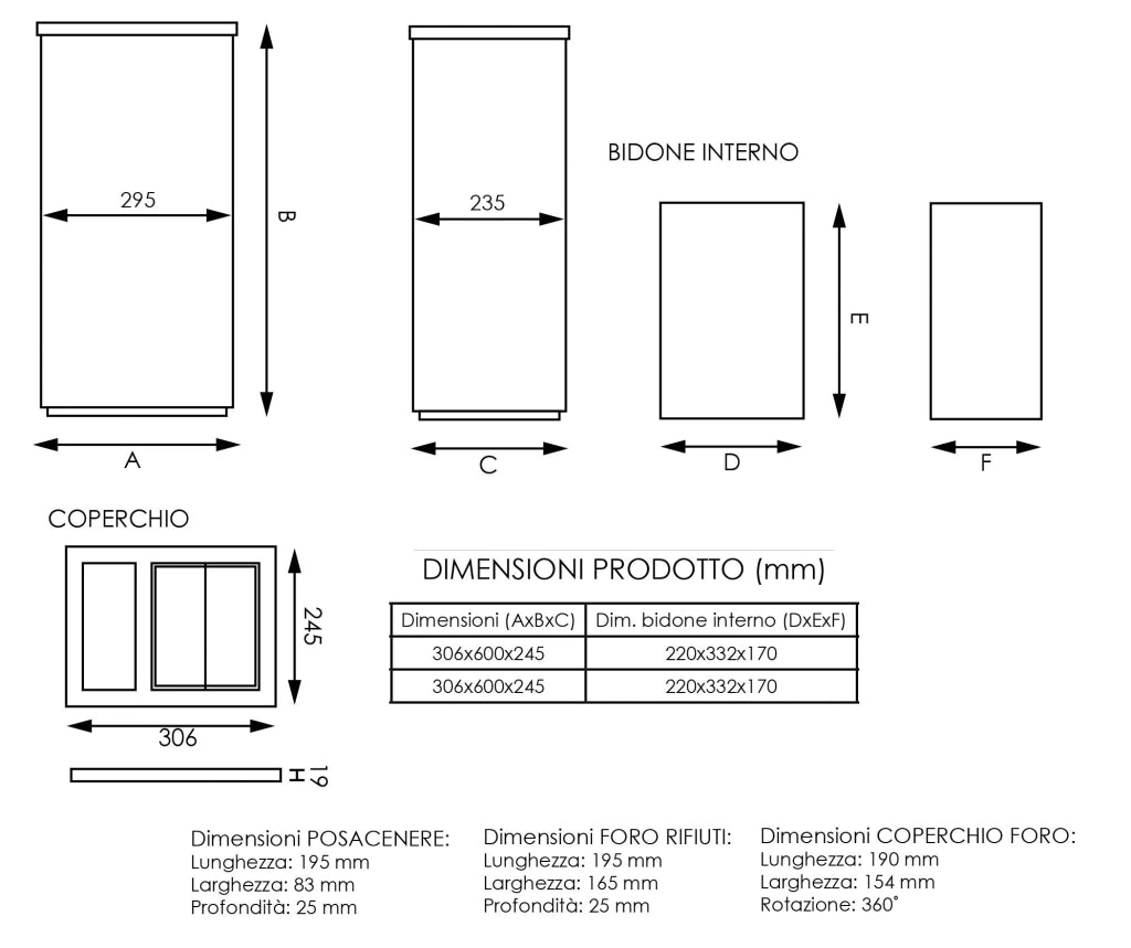 Cestino Gettacarte Posacenere 30,6x60x24,5 cm in Acciaio 17L per Interno Esterno