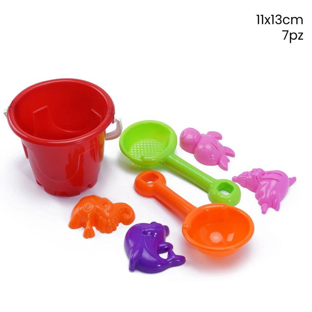 Trade Shop - Secchiello Con Palette Formine Sabbia Mare Giochi Per Bambini Kit 7 Pz 11x13cm 258297 -