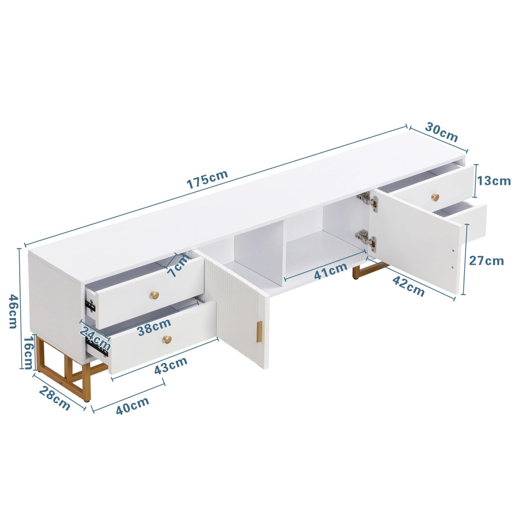 Mobile TV 175 cm con 4 cassetti; 2 ante; MDF; bianco; dettagli oro