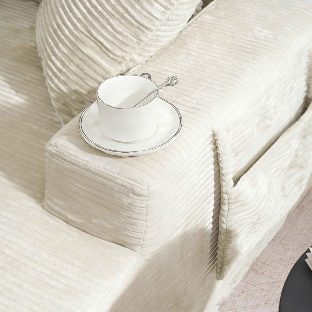 Divano compatto in velluto a coste beige con tasche laterali HOMVRA