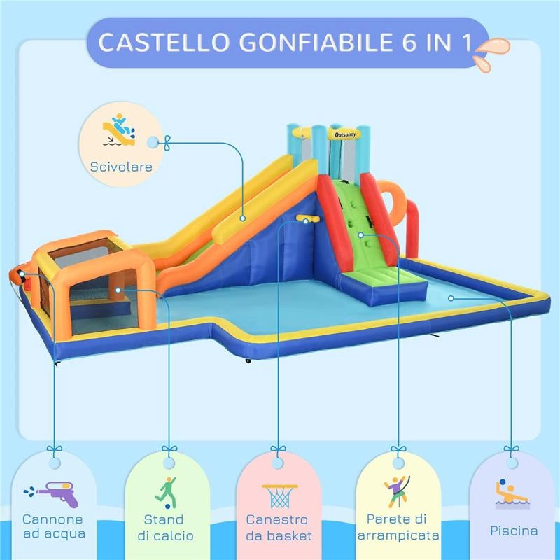 CASTELLO GONFIABILE PER BAMBINI 3-8 ANNI CON SCIVOLO, PARETE, PORTA E CANESTRO, IN TESSUTO OXFORD, 590X460X220 CM