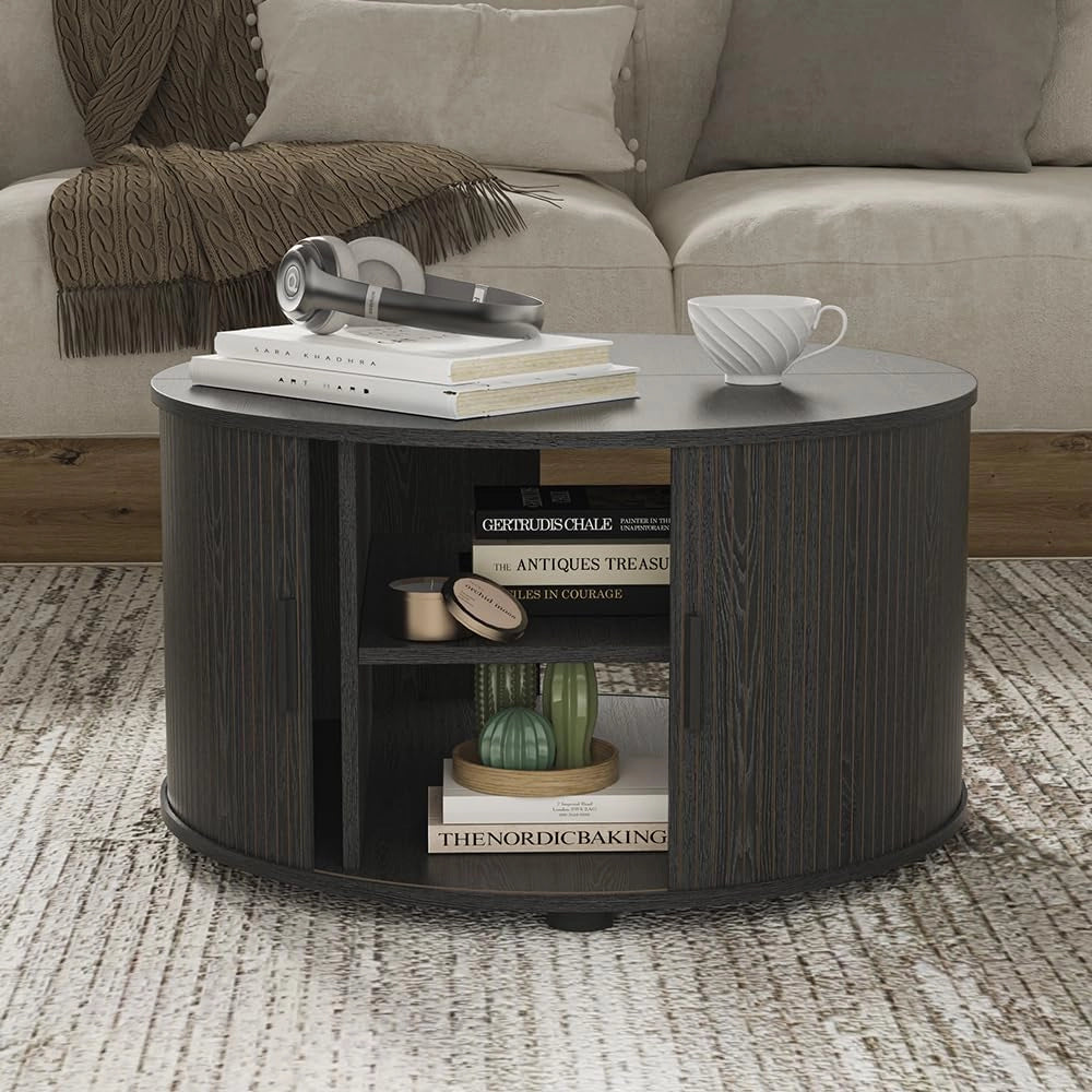 tavolino soggiorno Selva, Nero, 80 x 80 cm con porta scorrevole, con funzione lift e piano del tavolo regolabile in altezza
