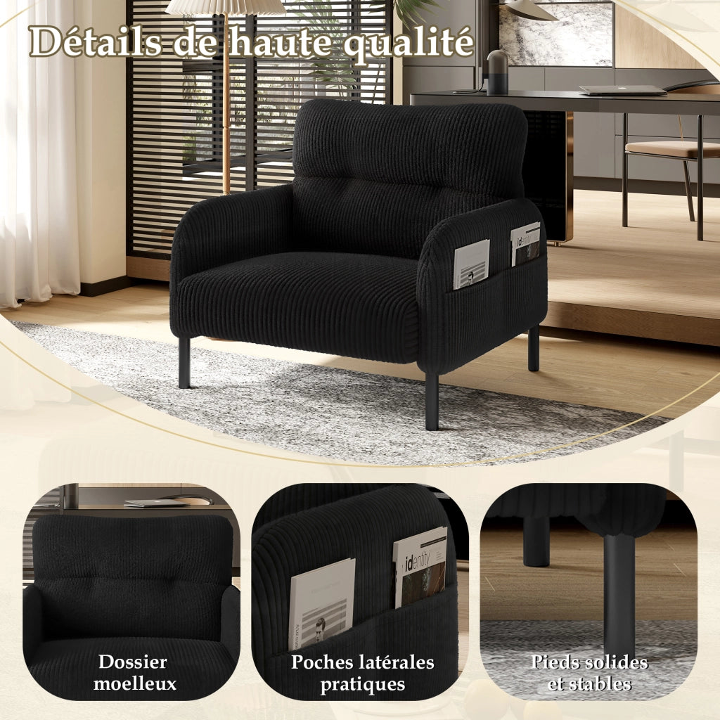 OKWISH Poltrona in Velluto a Coste, Seduta Profonda e Schienale Ergonomico con Tasche Laterali, Struttura in Metallo, Nera