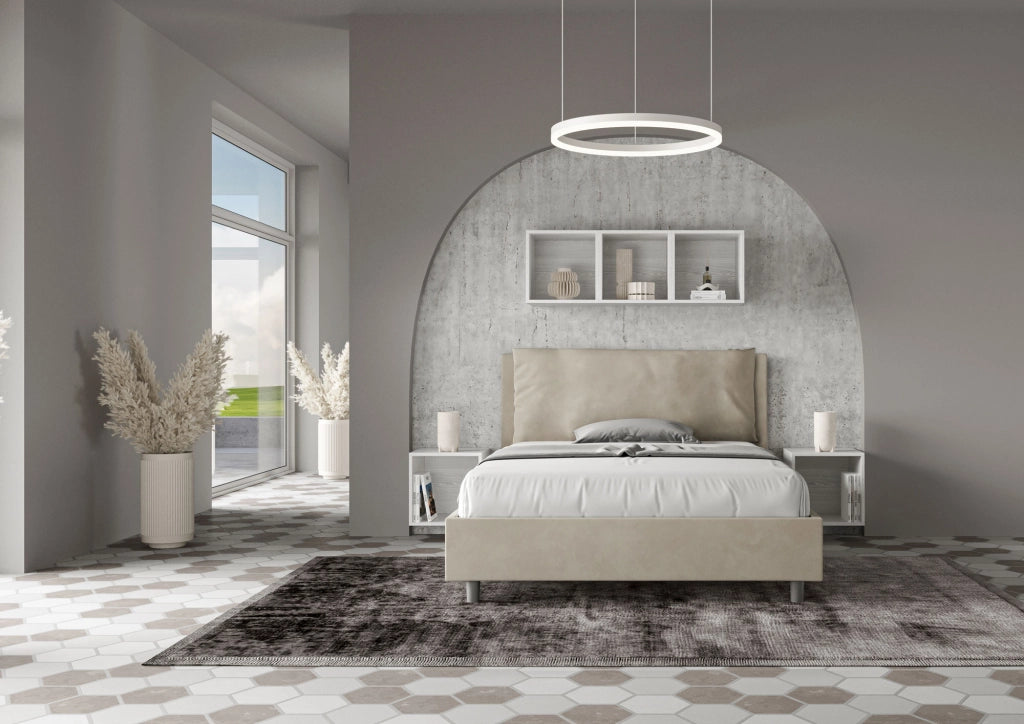 BS COM Letto matrimoniale francese contenitore imbottito 140x200 microfibra sabbia Large