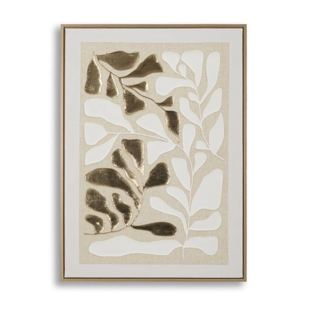 Stampa su tela Goldy A foglie oro su fondo lino con cornice, 50x70 cm