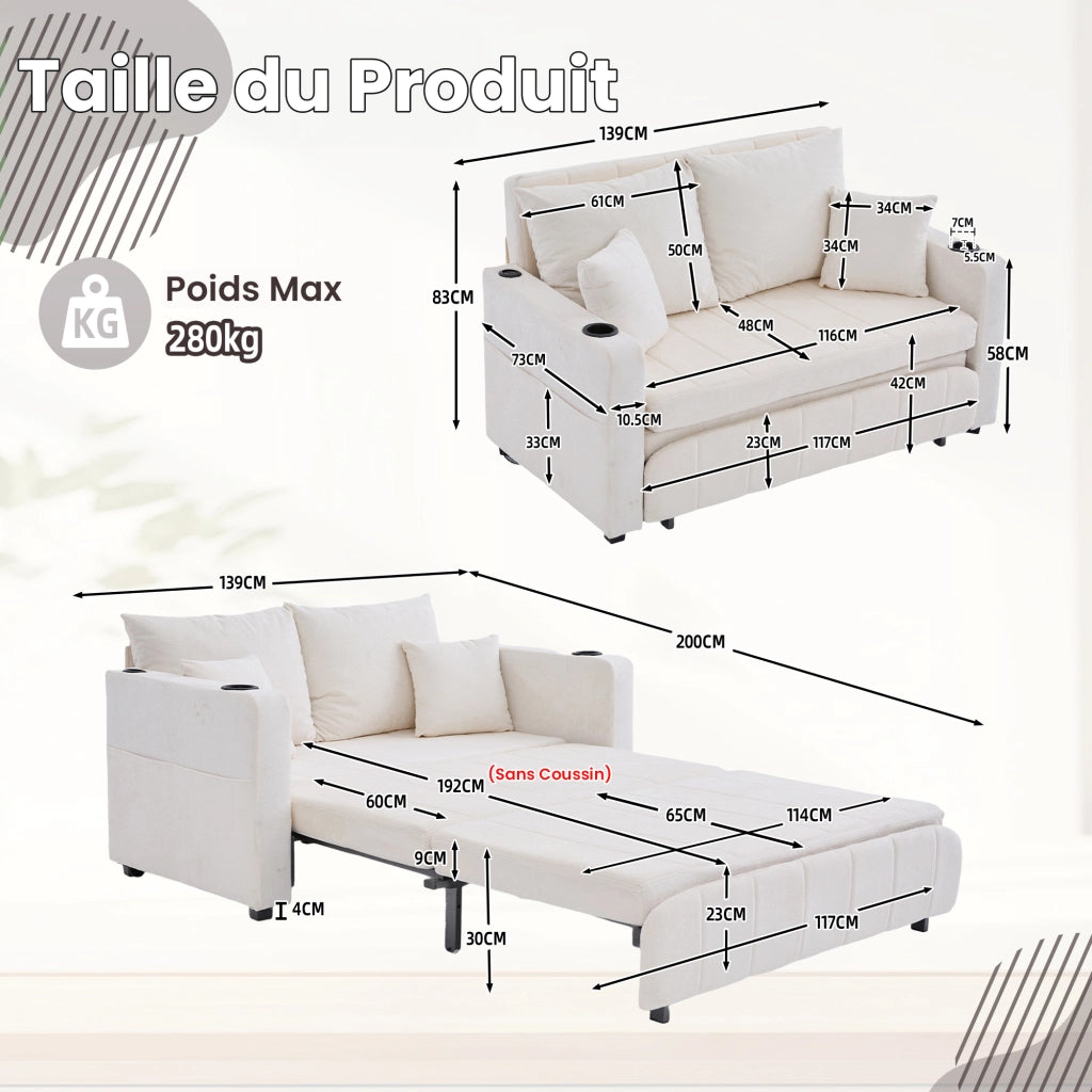 OKWISH Divano Letto 2 Posti, Funzione Letto con Tasca Laterale e Portabicchieri, Ciniglia, Beige, 139 x 83 x 58 cm