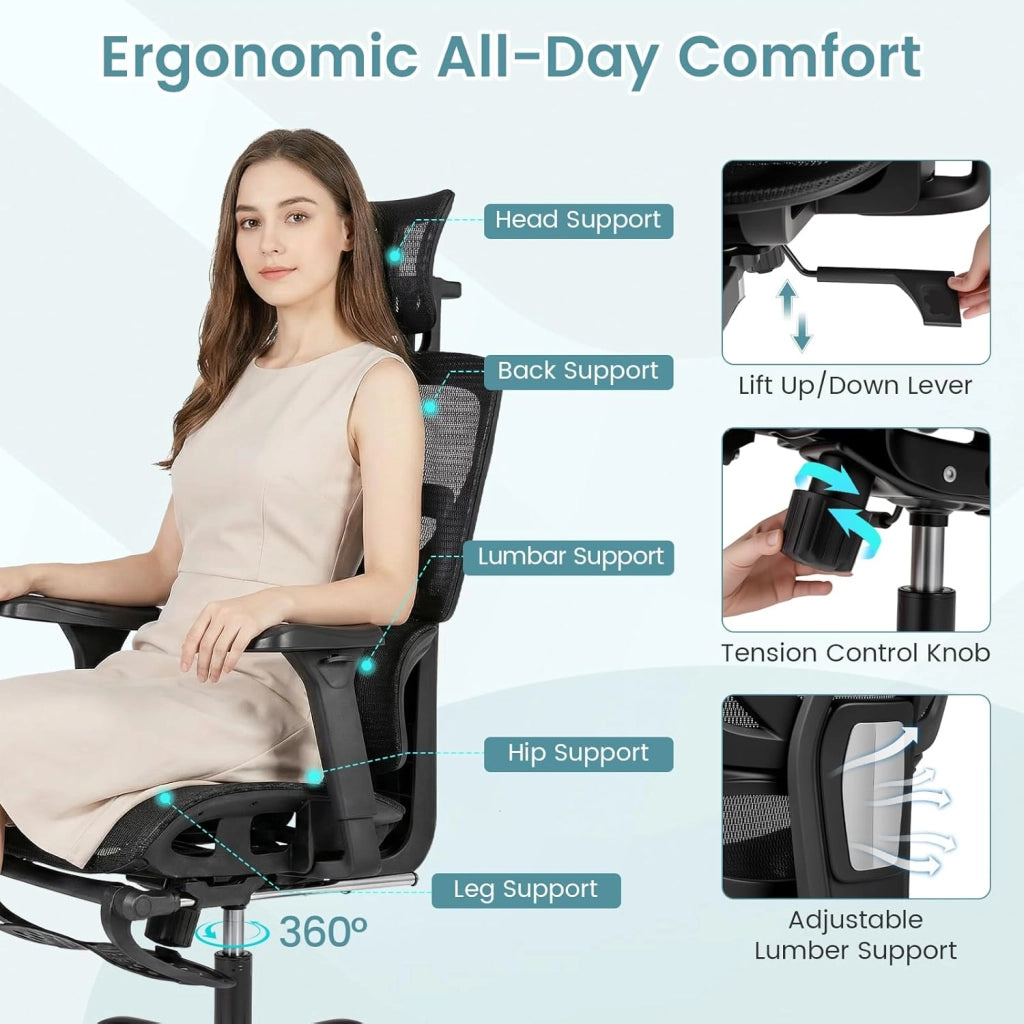 Sedia da ufficio ergonomica, sedia da scrivania girevole con altezza regolabile, schienale in rete, braccioli 3D e poggiapiedi retrattile, funzione di bilanciamento, 5 ruote, carico 136 kg