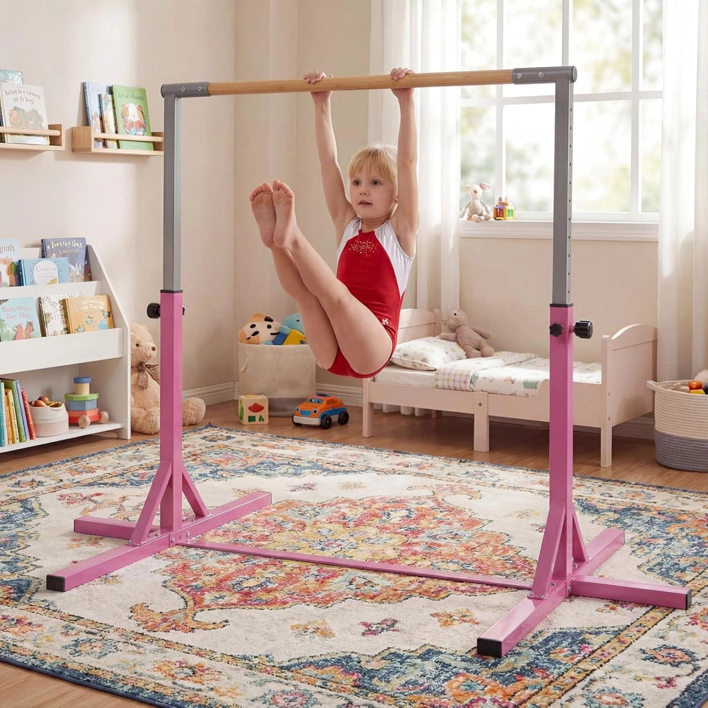 Sbarra per Ginnastica e Danza per Bambini e Bambine, Barra Ginnastica in Metallo e bambù Portatile e Regolabile in Altezza con Cuscinetti Antiscivolo, 195 x 121 x 85-145 cm