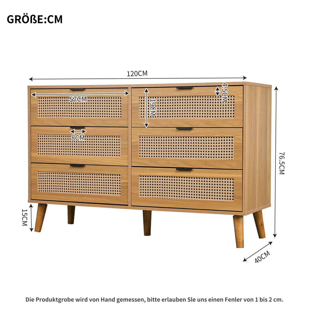 Comò con 6 Cassetti e Maniglie in Metallo; Gambe in Legno; per Camera da Letto; in Pannelli; 120×40×76.5 cm; Noce