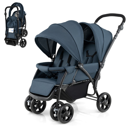 Passeggino doppio pieghevole per bambini con seduta in tandem e tettuccio, Passeggino portatile per bambini Blu scuro-Passeggini per bimbi