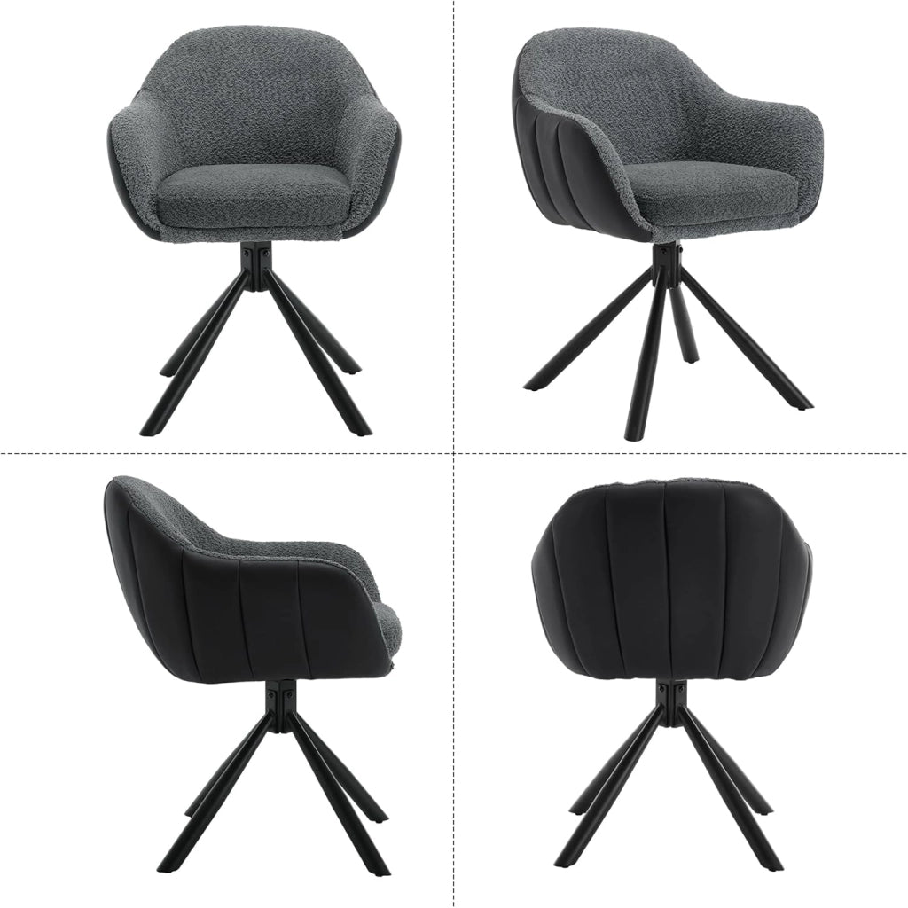 Set 2 Sedie Sala da Pranzo, Sedia Cucina con Braccioli e Schienale, Poltroncina Girevole, per Salotto, Camera da Letto, Gambe in Metallo, Ciniglia+Ecopelle, Grigio Scuro+Antracite, EZS04dgr-2