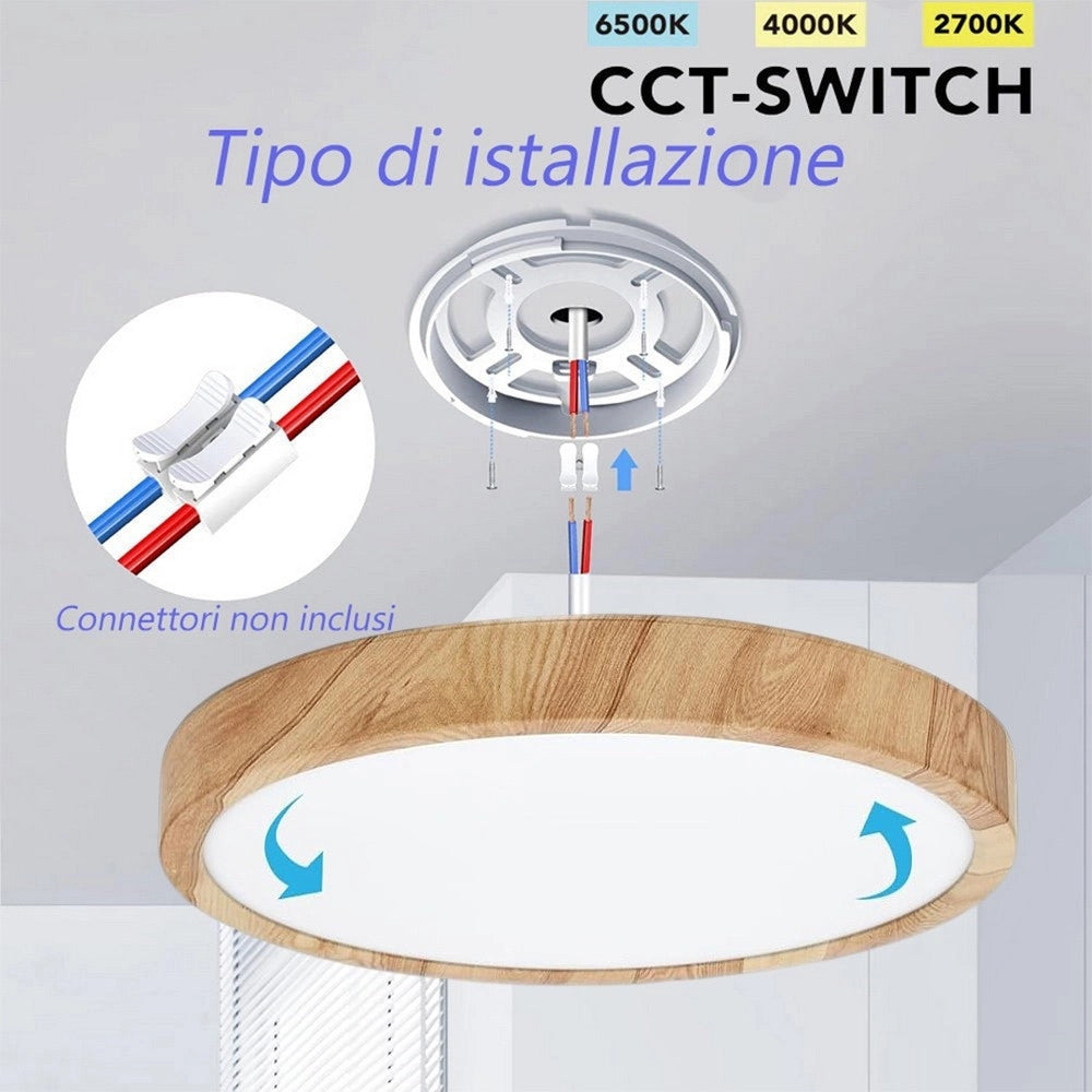 Trade Shop - Plafoniera Led Ultra Slim 24w Ip40 Con Tecnologia Cct Da 6500k A 2700k Con Switch Lv300-3c - Legno Chiaro