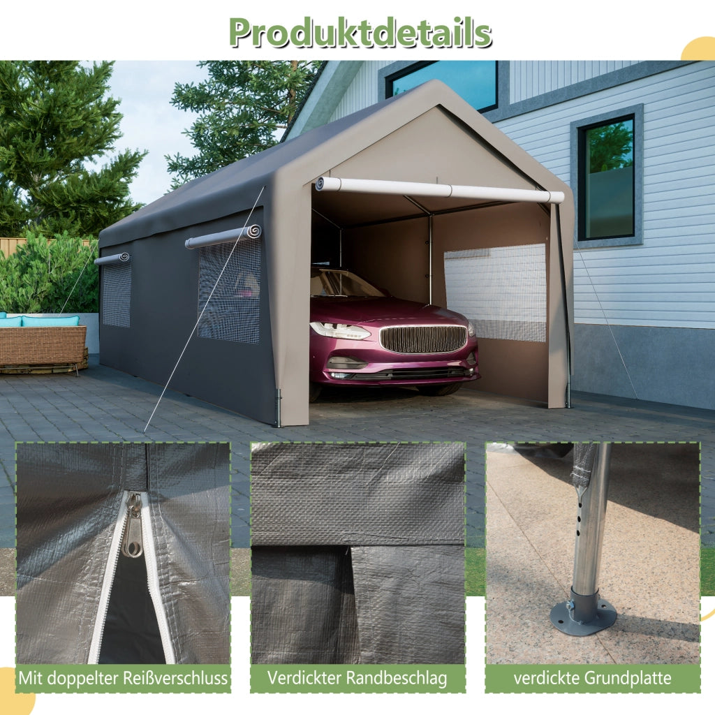 Gazebo da giardino in metallo con finestre arrotolabili, pareti e tetto rimovibili per auto, suv, barca e camion grigio