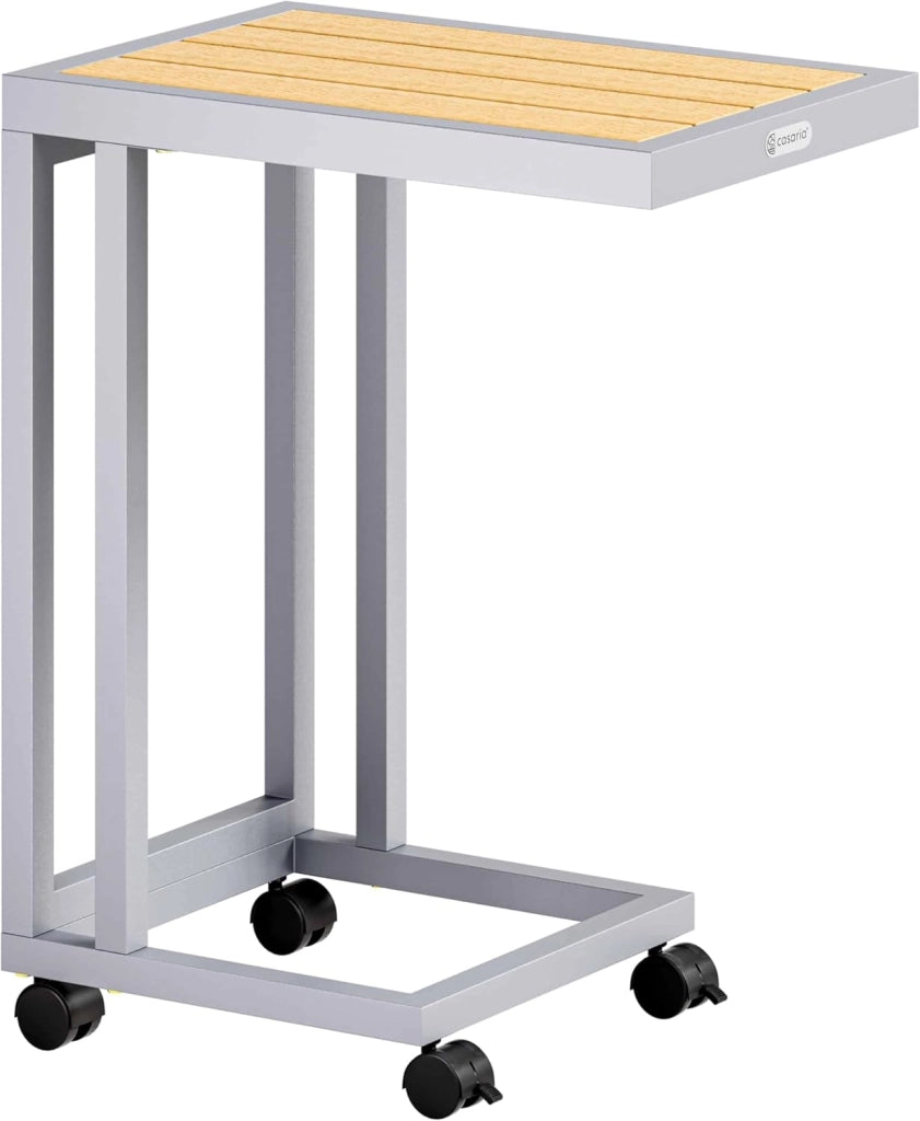 ® Tavolo a C 50x40x66cm Piano in metallo WPC Portata 25 kg con Ruote Tavolino da Salotto Tavolino per Esterno