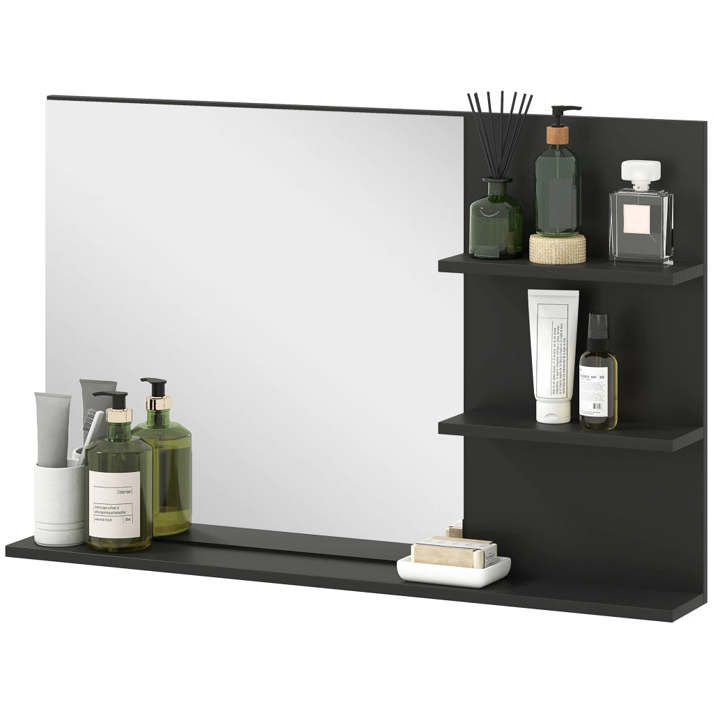 Specchio Bagno Moderno con 2 Ripiani Laterali e Ripiano Inferiore, in Legno e Vetro, 75x10x48 cm, Nero