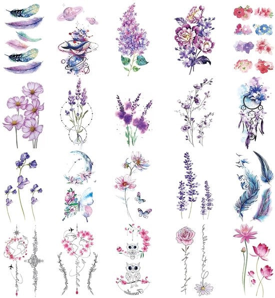 Tatuaggi temporanei da 20 pezzi - Tatuaggi acqua-resisti - Tatuaggi autoadesivi - Stickers per tatuaggi finti - Dimensioni 10,5x6cm