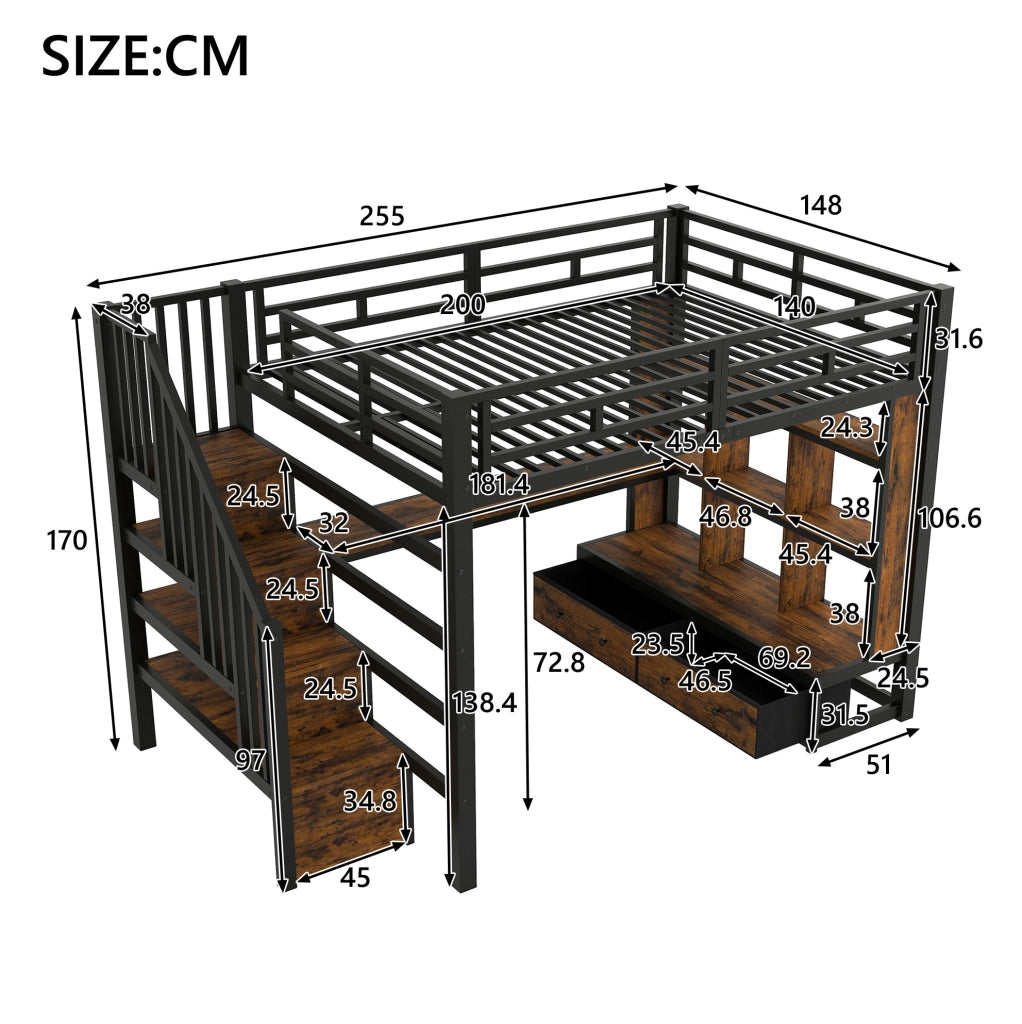 Letto a soppalco 140x200 cm con scrivania; libreria; cassetti e LED; nero in MDF e metallo