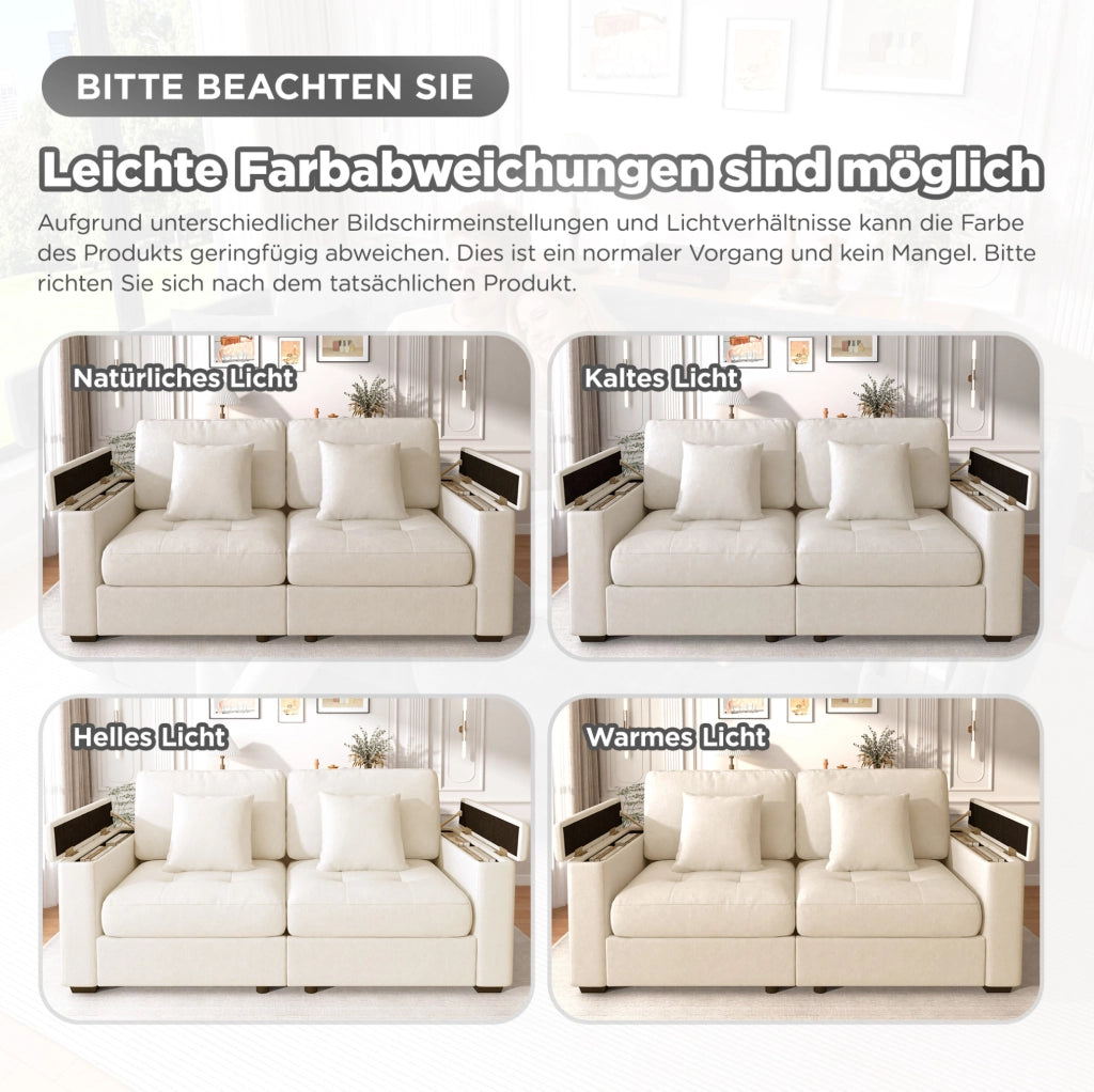 Divano 2 posti con vani nei braccioli e tasche laterali; rivestimento in ciniglia beige