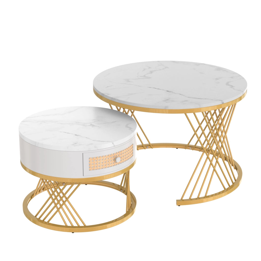 TAVOLINI DA CAFFÈ Set da 2 pezzi rotondi 70x70x45,5 cm e 50x50x38,5 cm MDF Bianco/Oro