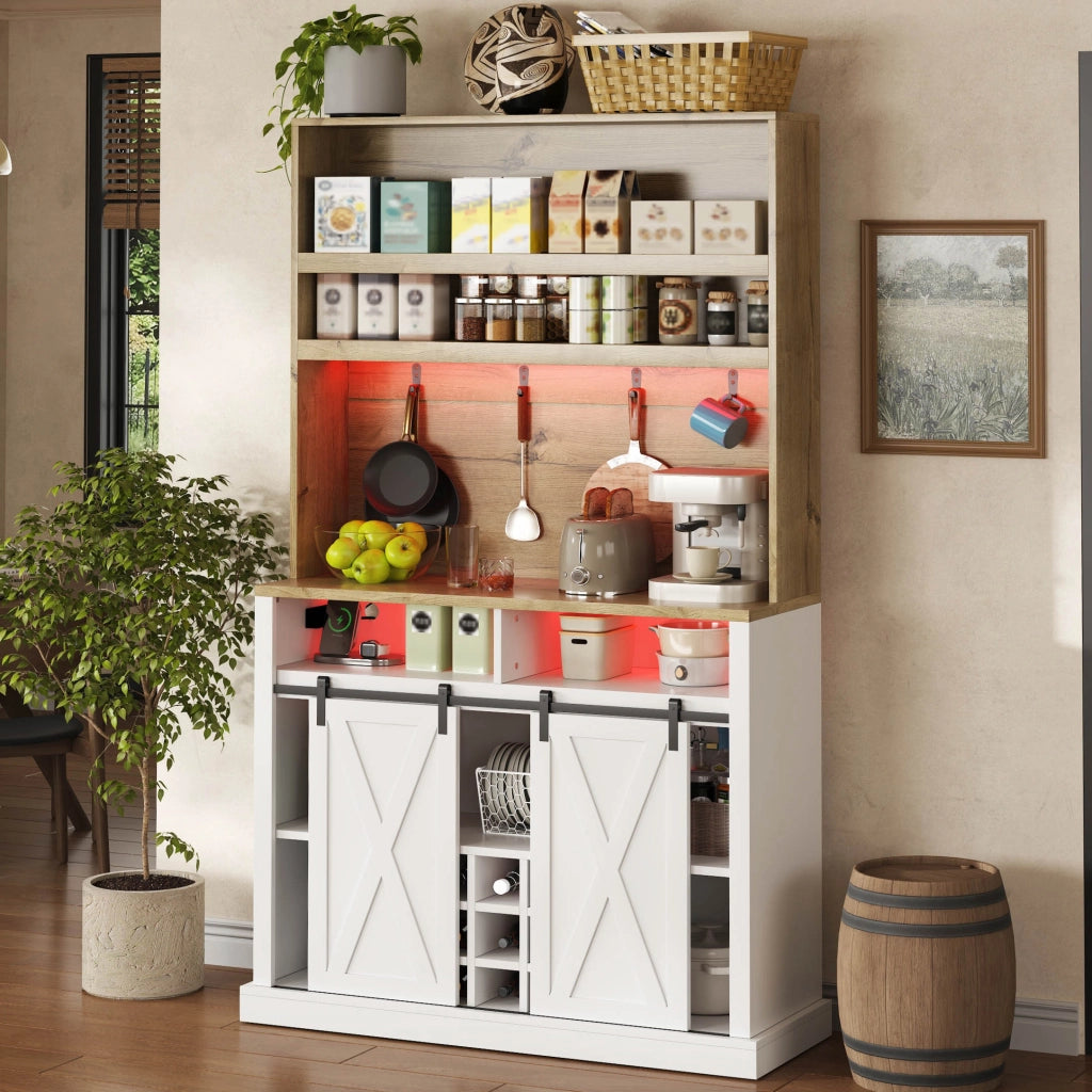 Credenza da cucina alta con LED; 2 prese; 2 porte USB; ganci; ripiani aperti e vetrina; per cucina e sala da pranzo; 40 × 110 × 191 cm