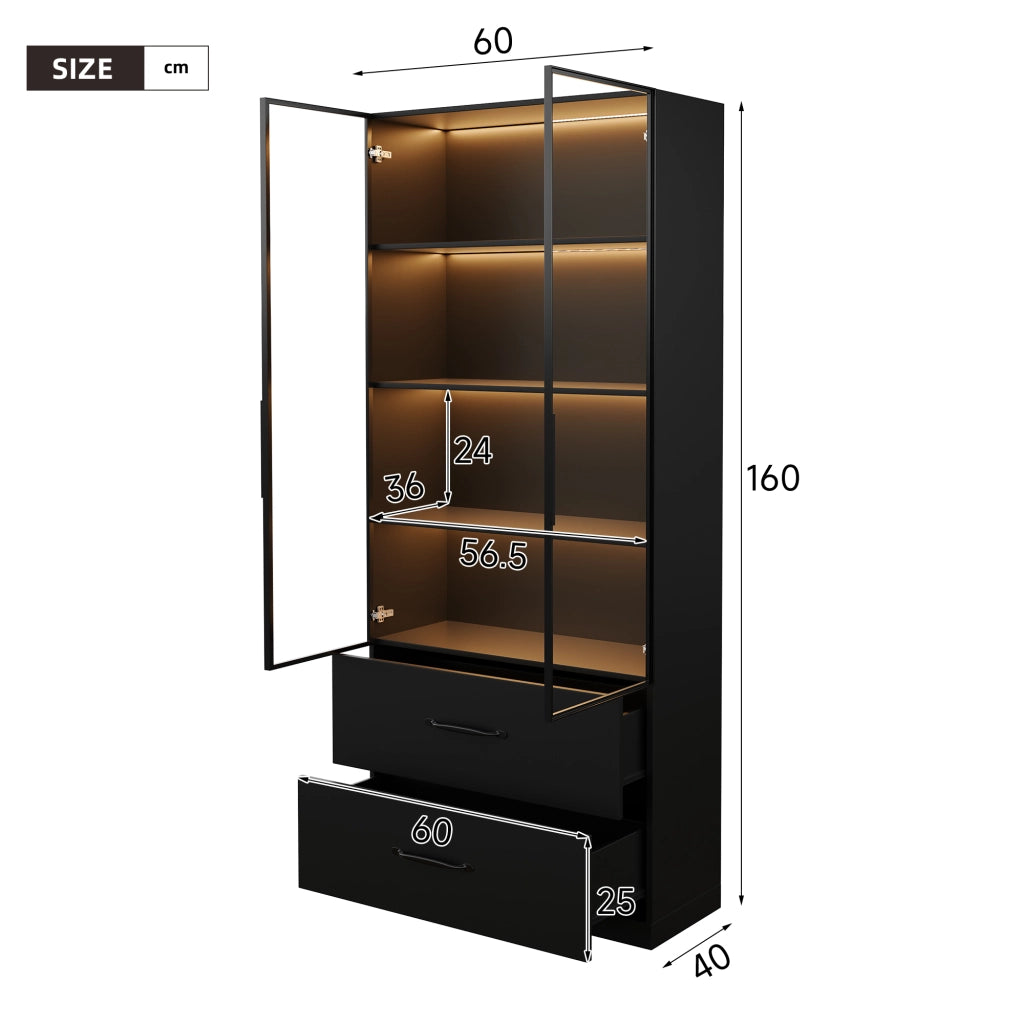 Vetrina LED in vetro 60x40x160 cm nera con 2 ante in vetro temperato, 2 cassetti e 7 colori LED