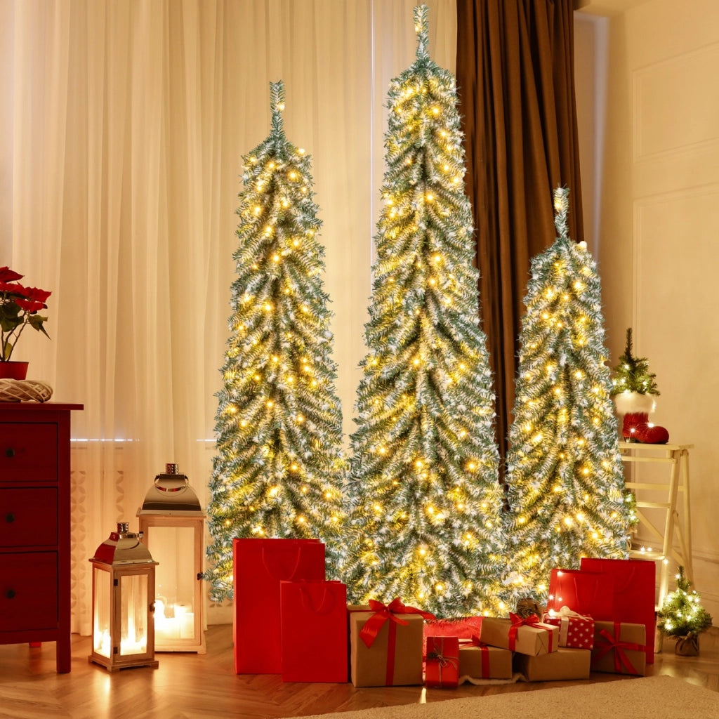 Set Alberi di Natale artificiali da 120/150/180cm, Alberi di Natale a matita con neve accumulata realistica-Alberi di Natale
